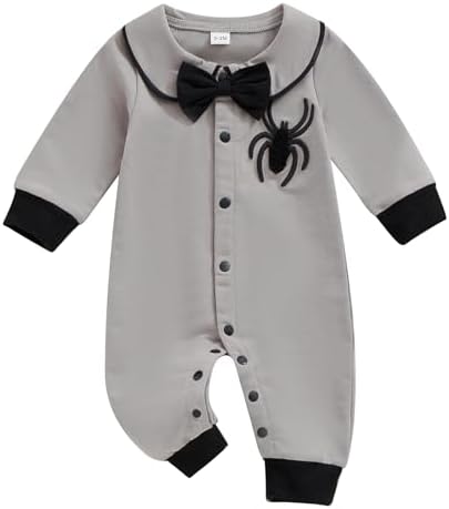 Lamuusaa Baby Boy Halloween Romper Jumpsuit with Bowtie and Spider Embroidery 0-18M