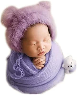 Vemonllas Baby Photo Props Teddy Bear Hat Wrap Blanket Set