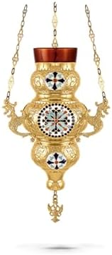 Christian Gold Plated Smalt Hanging Oil Vigil Lamp with Cross