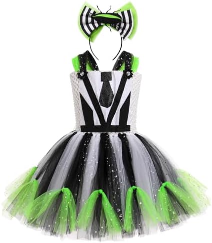 Kids Girls Halloween Costume Black White Striped Tulle Tutu Dress and Headband 2PCS