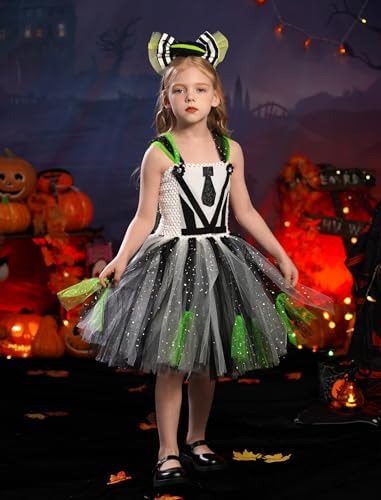 Kids Girls Halloween Costume Black White Striped Tulle Tutu Dress and Headband 2PCS