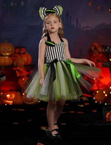 IDOPIP Kids Girls Black and White Striped Halloween Costume Set