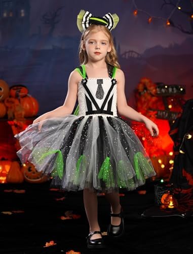 Kids Girls Halloween Costume Black White Striped Tulle Tutu Dress and Headband 2PCS