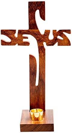 NKlaus Bicarved Jesus Wood Cross Candle Holder