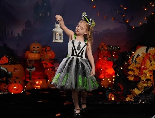 Kids Girls Halloween Costume Black White Striped Tulle Tutu Dress and Headband 2PCS