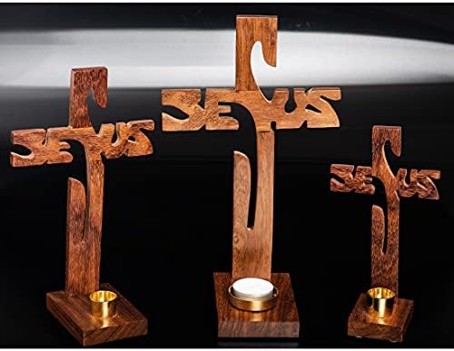 NKlaus Bicarved Jesus Wood Cross Candle Holder