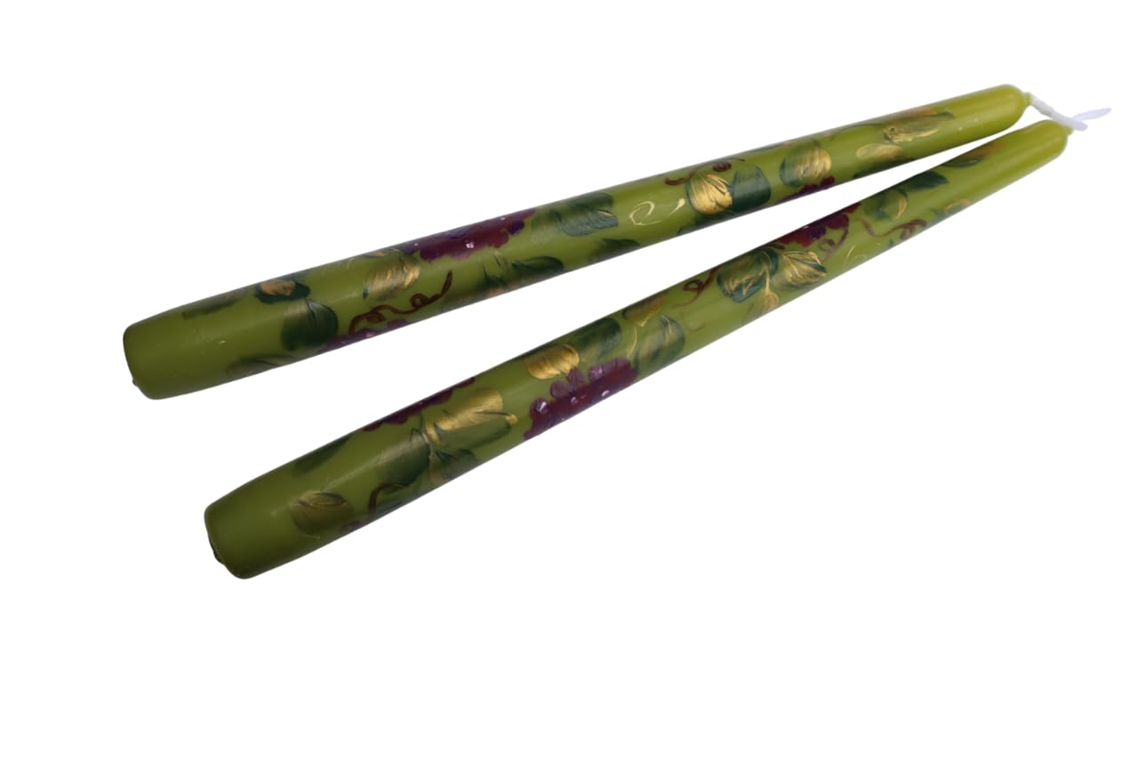 Goddess Arts Collection 10 Inch Olive Green Taper Candle Set with Grape Clusters