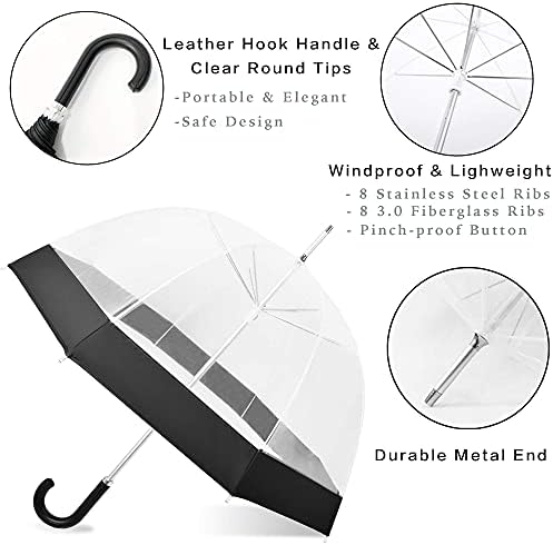 Clear Bubble Umbrella for Women Girls with Black Trim and Leather Hook