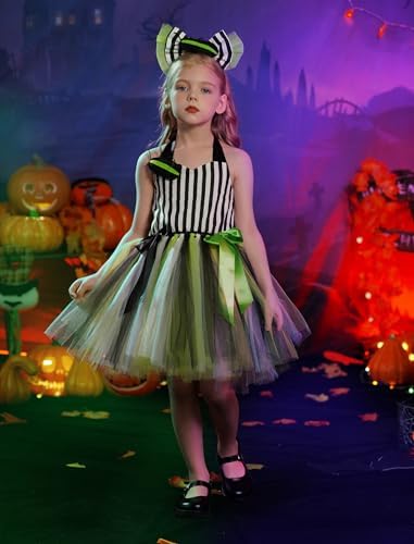 IDOPIP Kids Girls Black and White Striped Halloween Costume Set