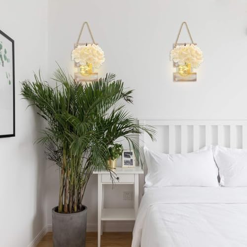 Rustic Mason Jar Wall Sconces with LED Lights Timer Set of 2