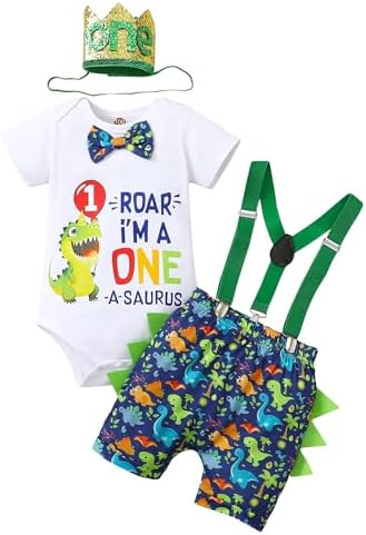 Baby Boy 1st Birthday Dinosaur Romper Suspenders Set