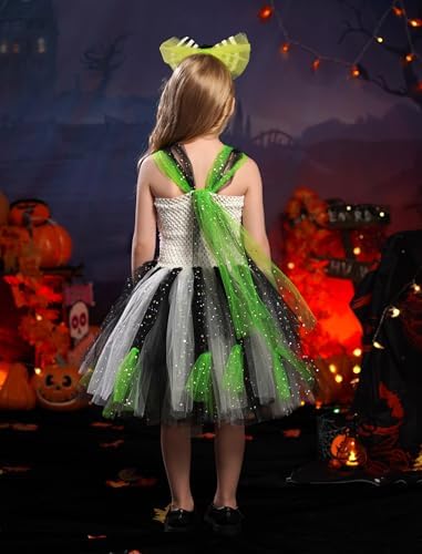 Kids Girls Halloween Costume Black White Striped Tulle Tutu Dress and Headband 2PCS