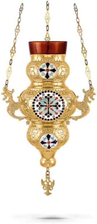 Christian Gold Plated Smalt Hanging Oil Vigil Lamp with Cross