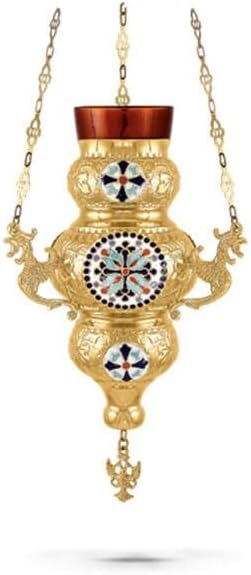 Christian Gold Plated Smalt Hanging Oil Vigil Lamp with Cross
