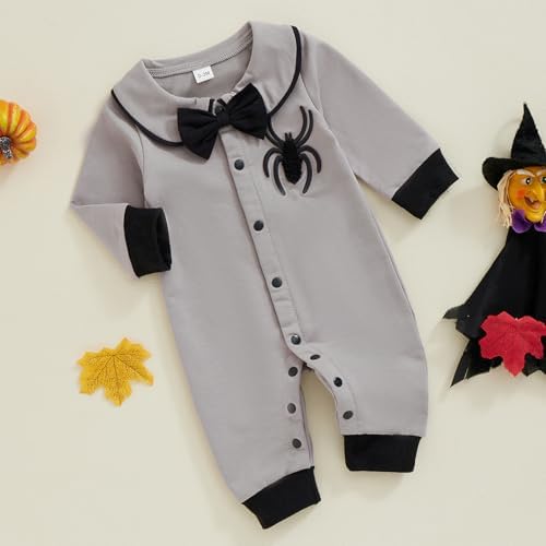 Lamuusaa Baby Boy Halloween Romper Jumpsuit with Bowtie and Spider Embroidery 0-18M