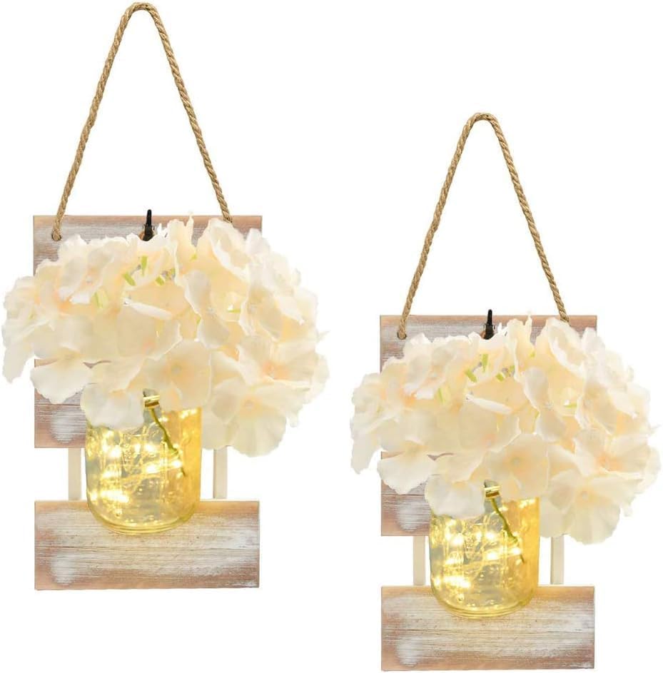Rustic Mason Jar Wall Sconces with LED Lights Timer Set of 2