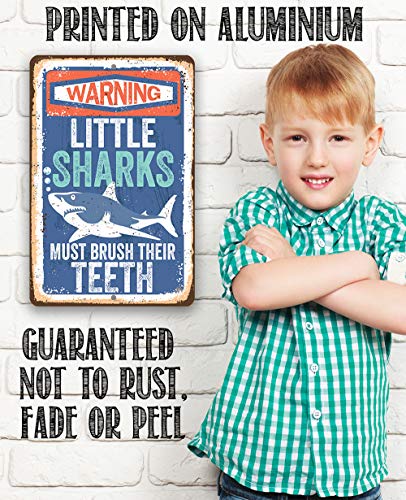 Little Sharks Brush Teeth Wall Art - 12x18 Durable Metal Sign