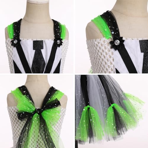 Kids Girls Halloween Costume Black White Striped Tulle Tutu Dress and Headband 2PCS