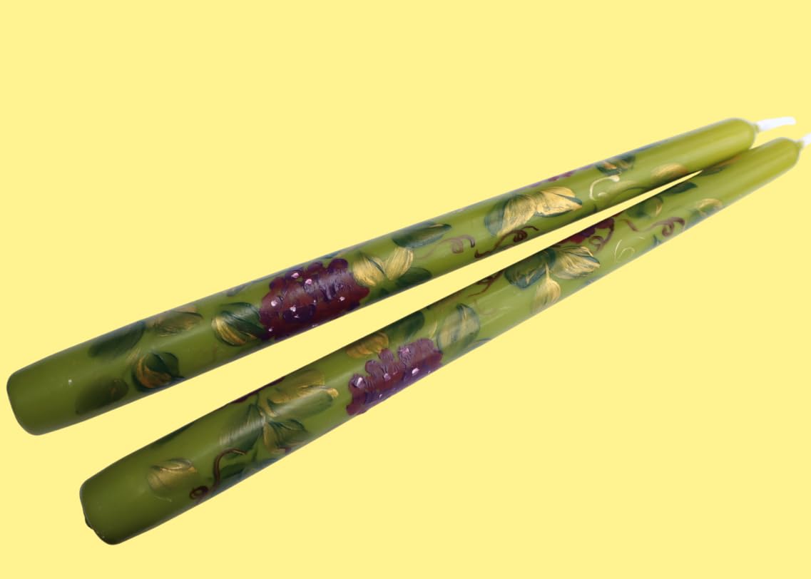 Goddess Arts Collection 10 Inch Olive Green Taper Candle Set with Grape Clusters