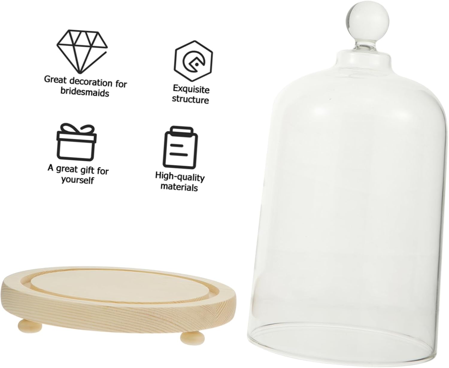 DOITOOL Clear Glass Dome Cloche with Wood Base