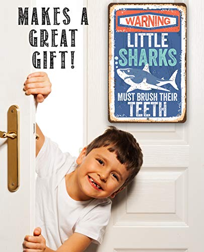 Little Sharks Brush Teeth Wall Art - 12x18 Durable Metal Sign