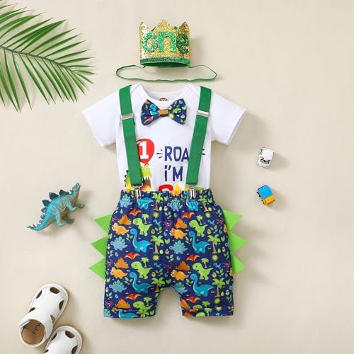 Baby Boy 1st Birthday Dinosaur Romper Suspenders Set