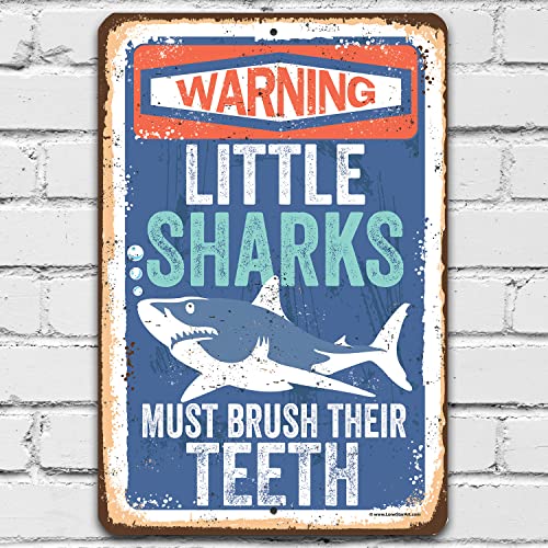 Little Sharks Brush Teeth Wall Art - 12x18 Durable Metal Sign