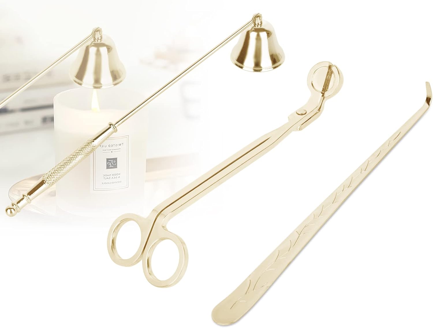 YURROAD 3 in 1 Candle Snuffer and Wick Tools Kit - Gold