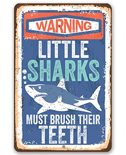 Little Sharks Brush Teeth Wall Art - 12x18 Durable Metal Sign
