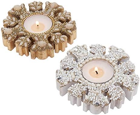 Fennco Styles Gold Beaded Wooden Snowflake Tea Light Candle Holder