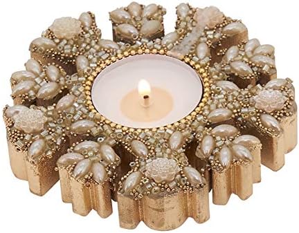 Fennco Styles Gold Beaded Wooden Snowflake Tea Light Candle Holder