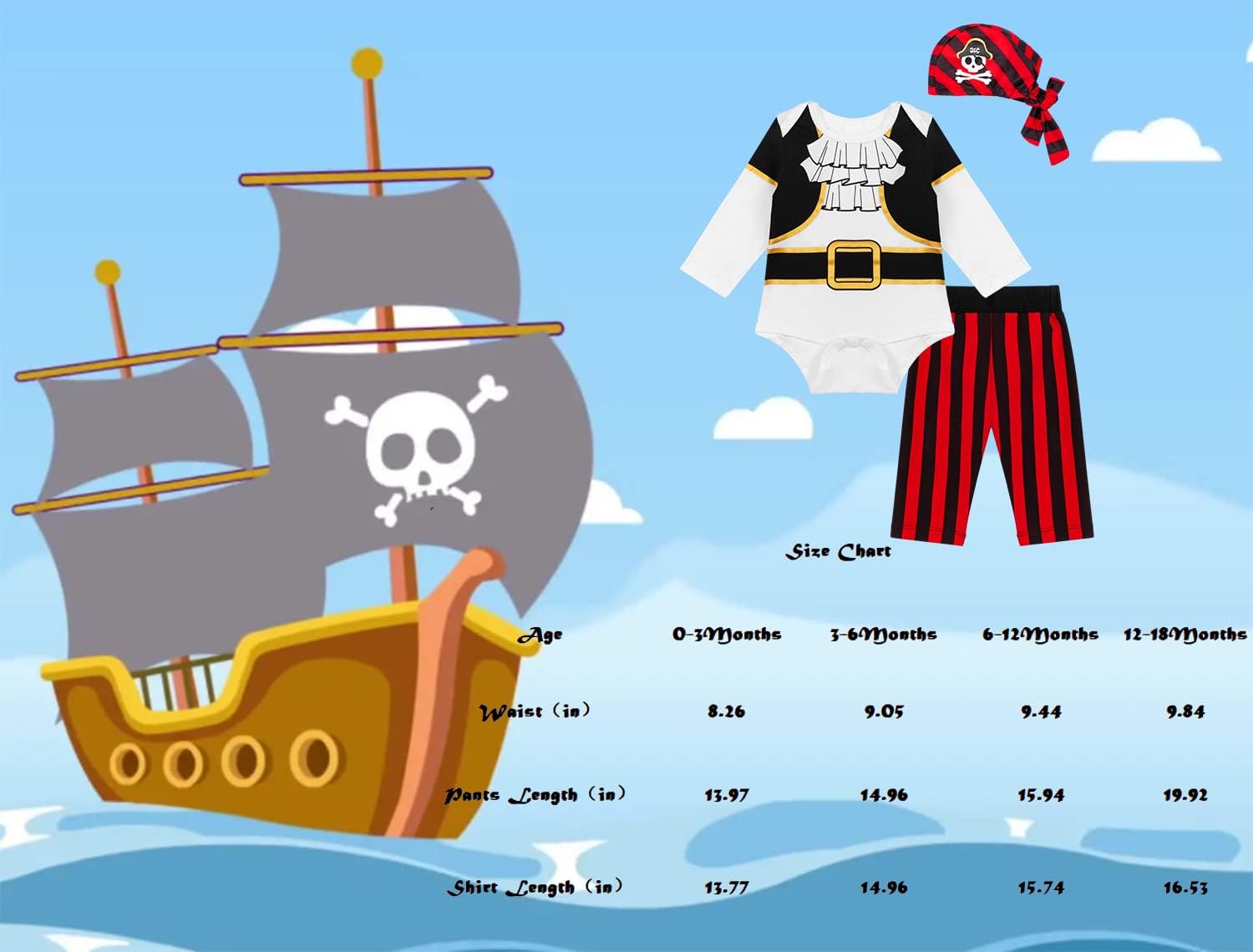 LENSOUS Pirate Costume Pants Set with Hat for Baby