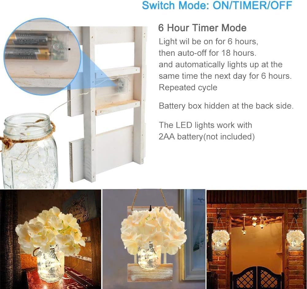 Rustic Mason Jar Wall Sconces with LED Lights Timer Set of 2