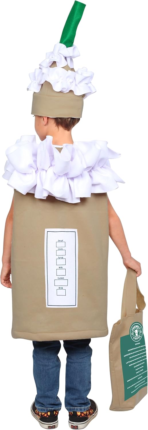 Dress Up America Coffee Costume for Kids - Frappuccino Latte Tunic Hat Bag