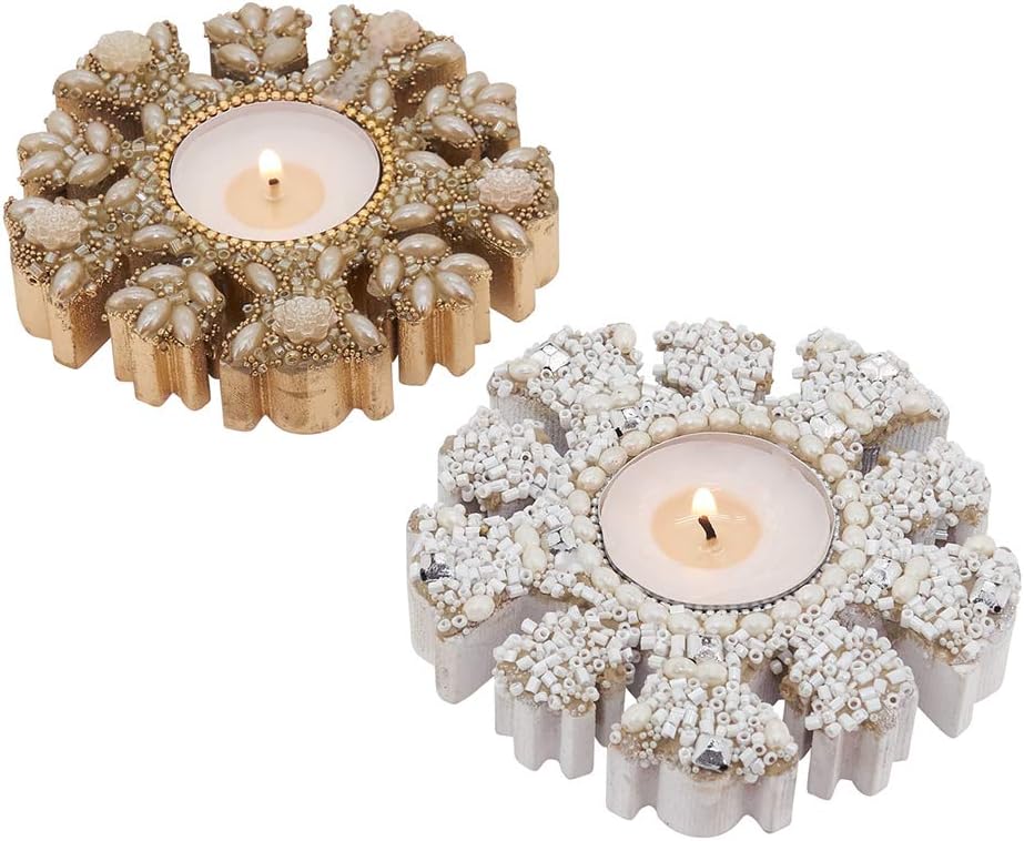 Fennco Styles Gold Beaded Wooden Snowflake Tea Light Candle Holder