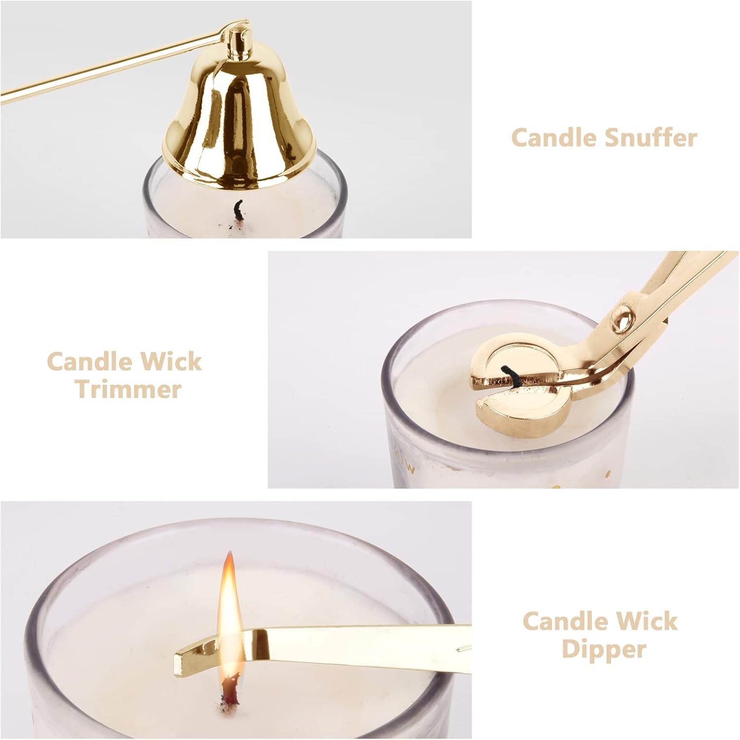 YURROAD 3 in 1 Candle Snuffer and Wick Tools Kit - Gold
