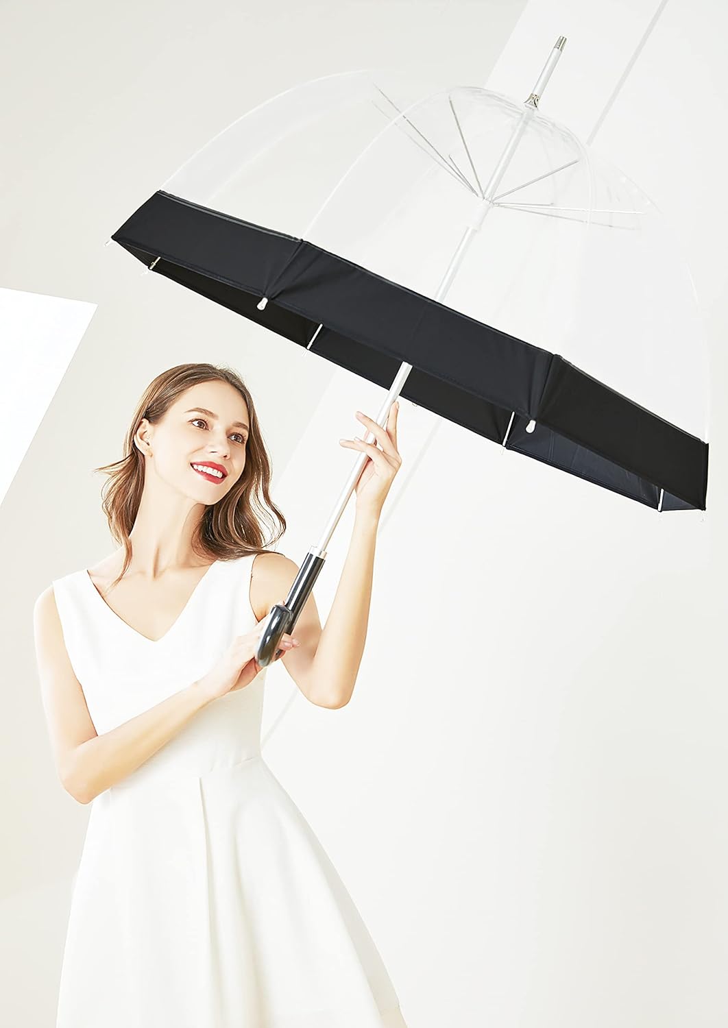 Clear Bubble Umbrella for Women Girls with Black Trim and Leather Hook