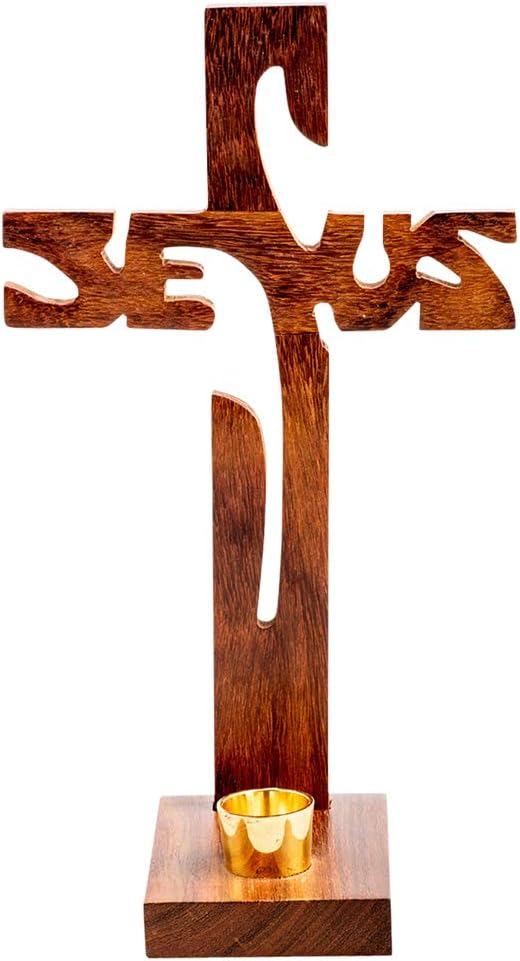 NKlaus Bicarved Jesus Wood Cross Candle Holder
