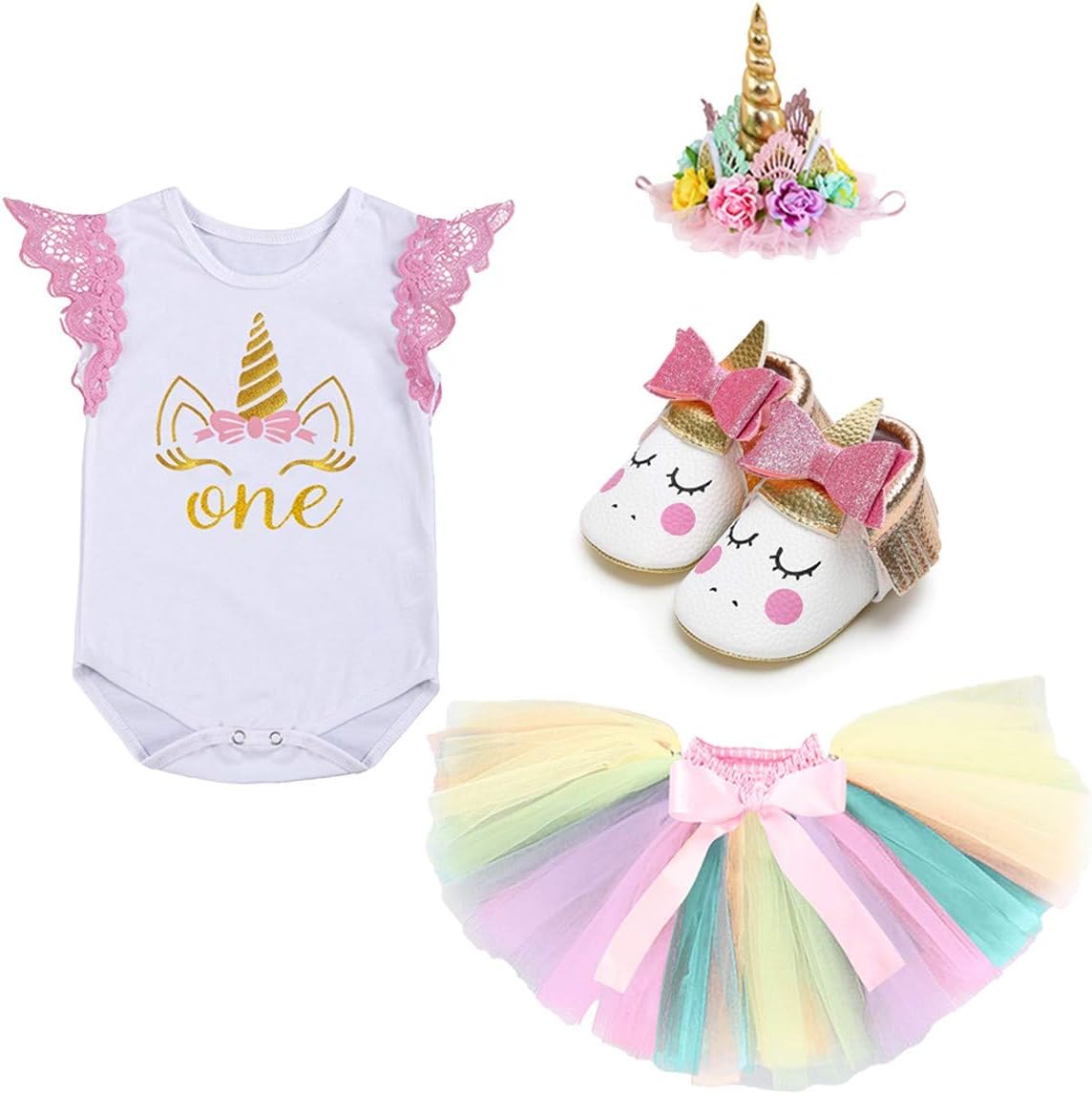 NEWEPIE Rainbow Unicorn 1st Birthday Costume Set
