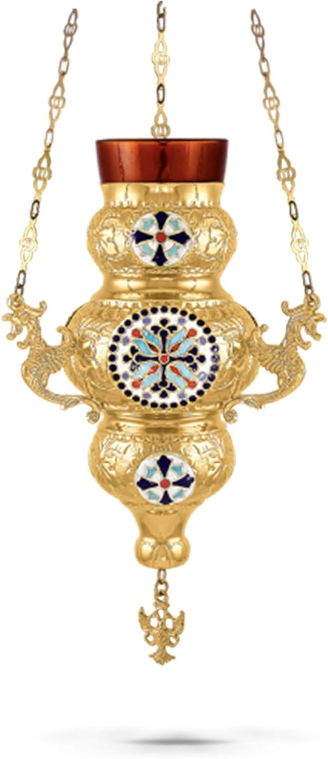 Christian Gold Plated Smalt Hanging Oil Vigil Lamp with Cross