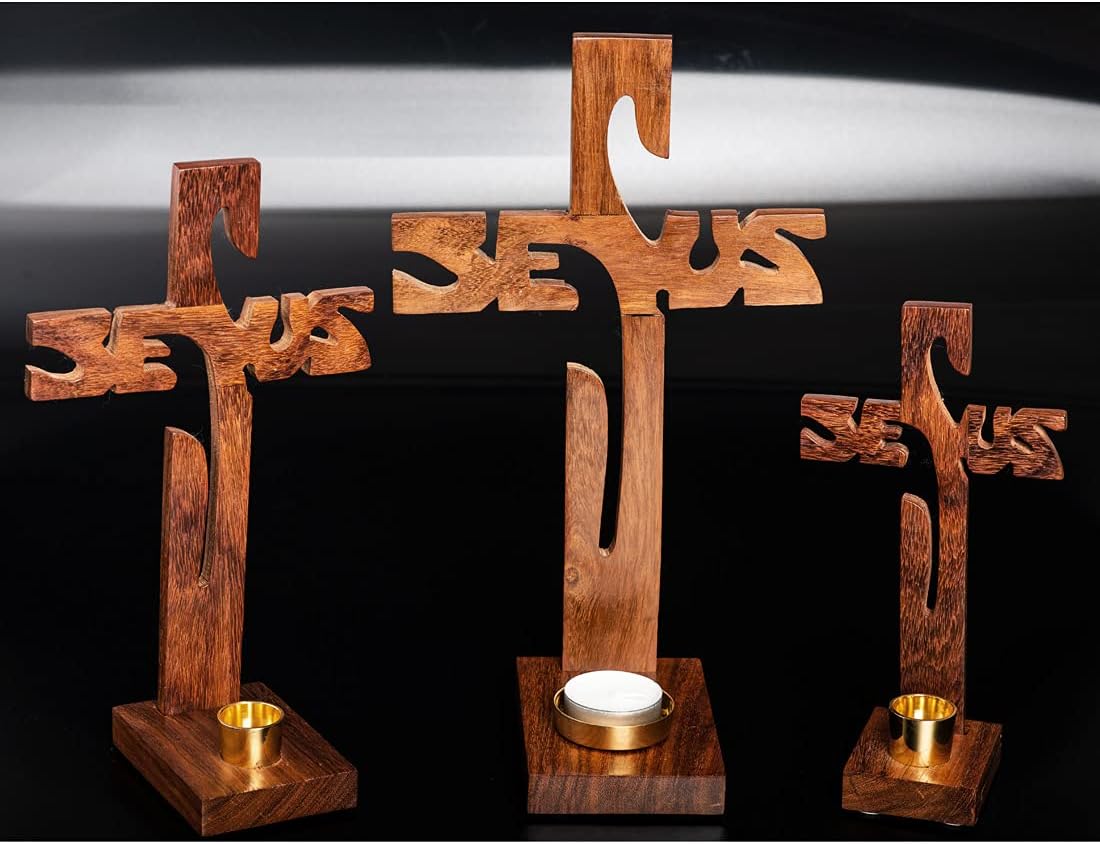 NKlaus Bicarved Jesus Wood Cross Candle Holder