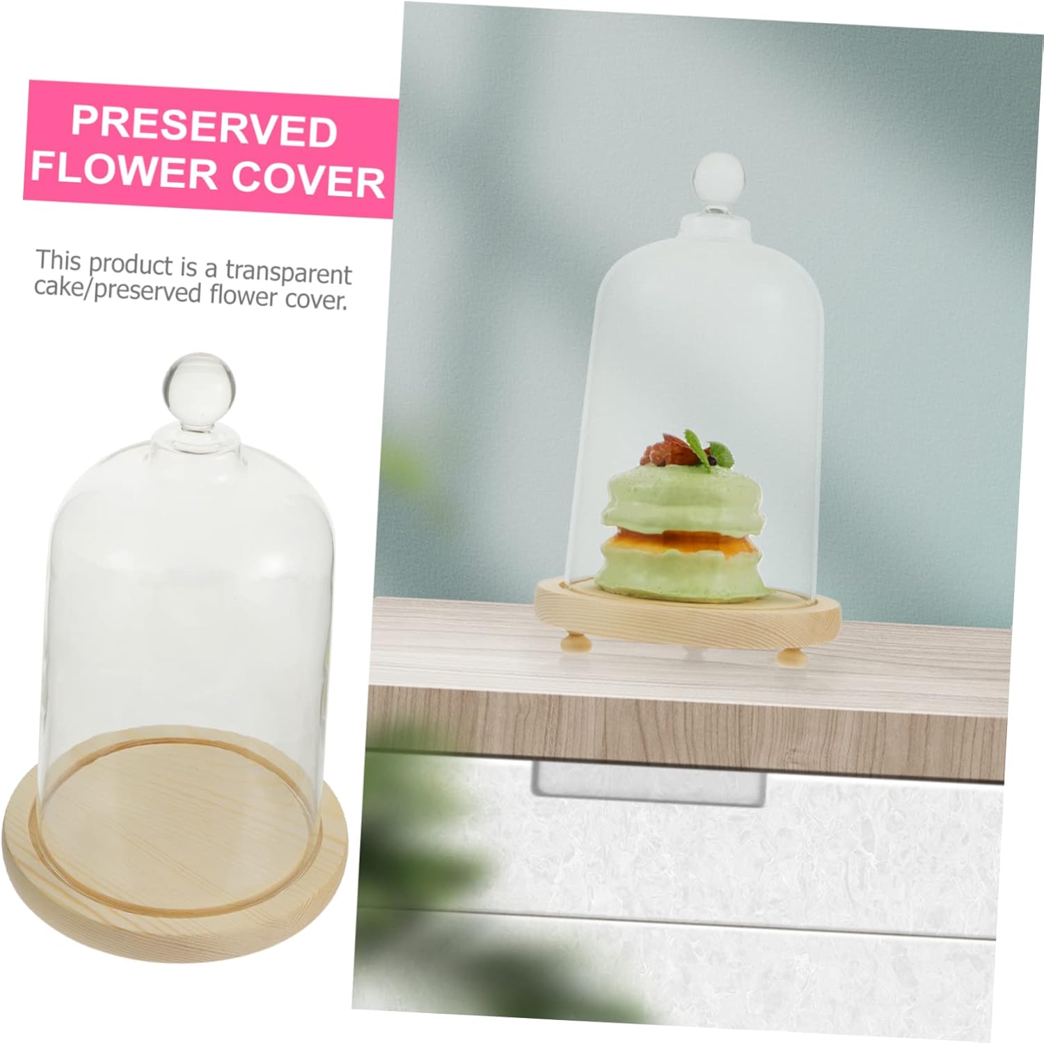 DOITOOL Clear Glass Dome Cloche with Wood Base