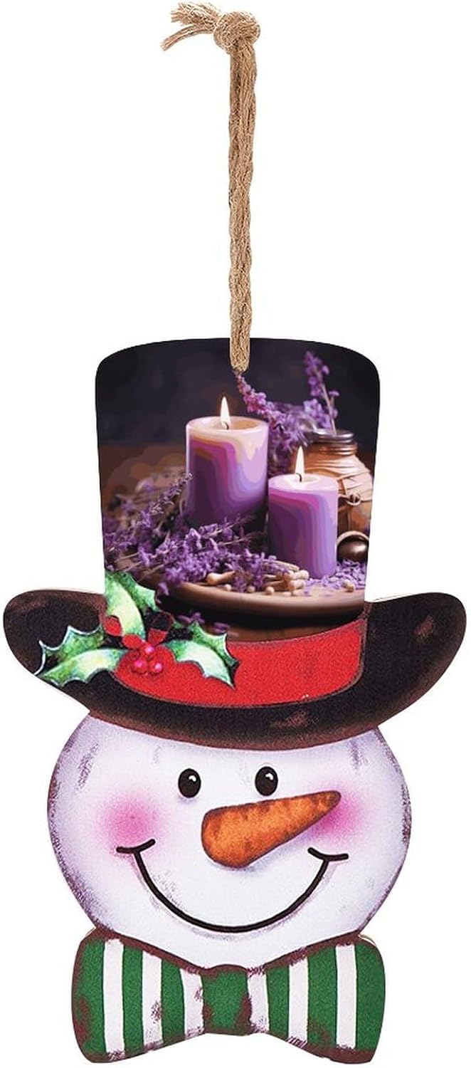 Christmas Snowman Wooden Sign - 138x87 Inch Purple Lavender with Candles