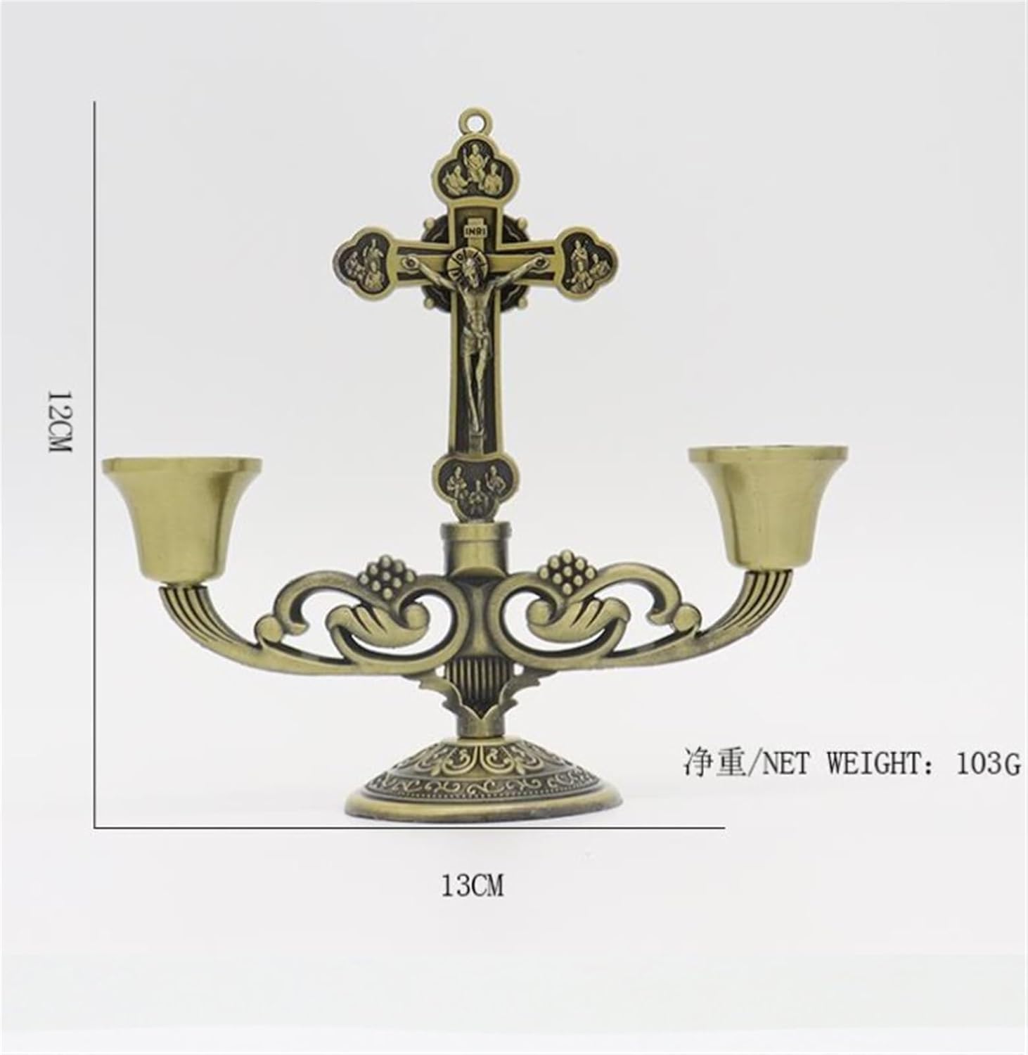 3 Arm Candlestick Holder with Crucifix Design Bronze 13x12cm