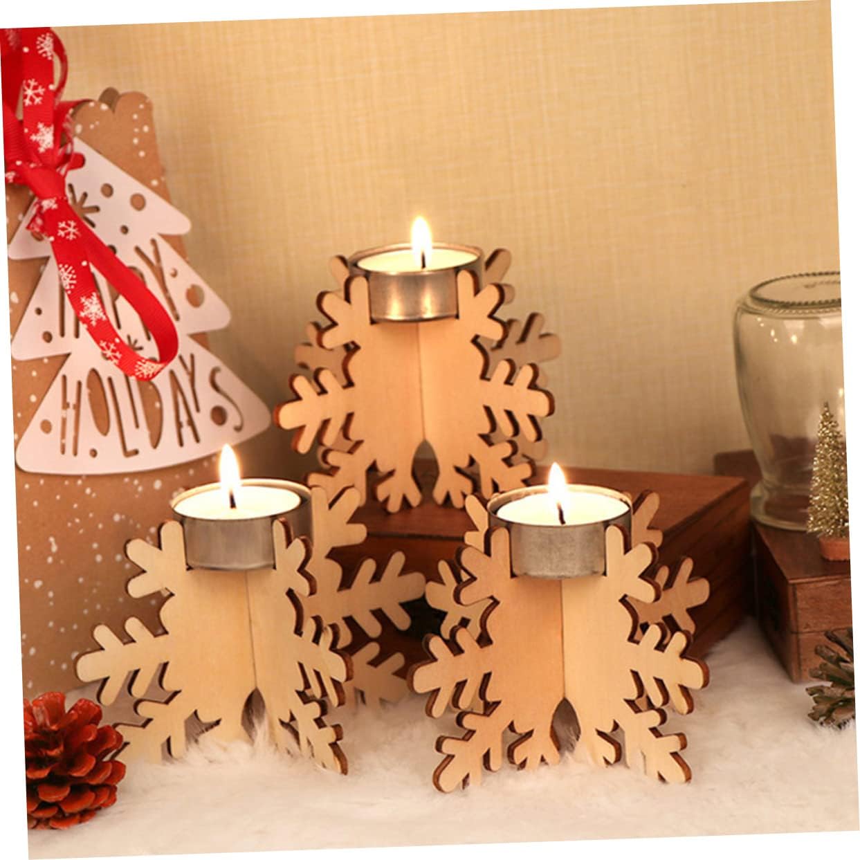 CIMAXIC Christmas Snowflake Candle Holders 6PCS Wooden Tea Light Stands