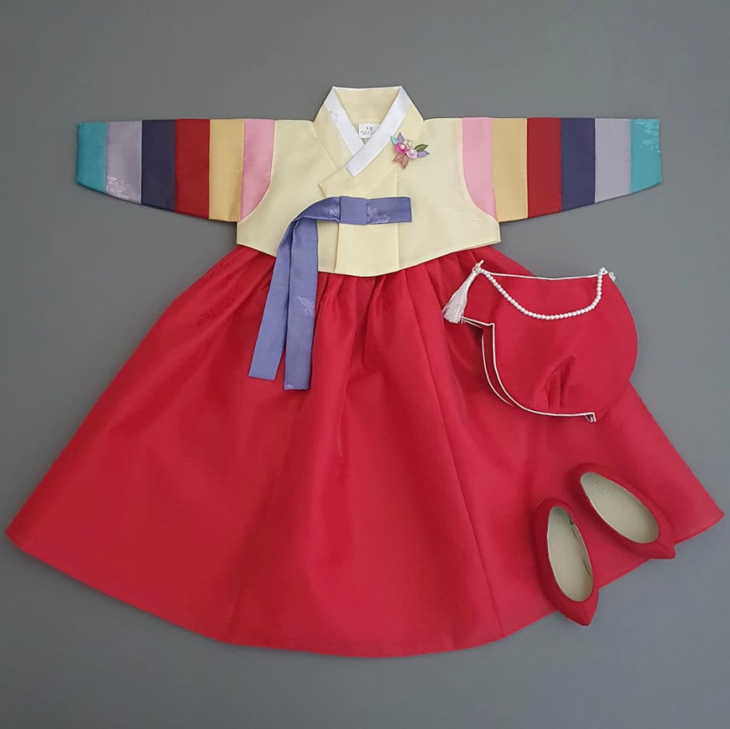 Korean Baby Girl Hanbok with Ivory Pink Floral Brooch