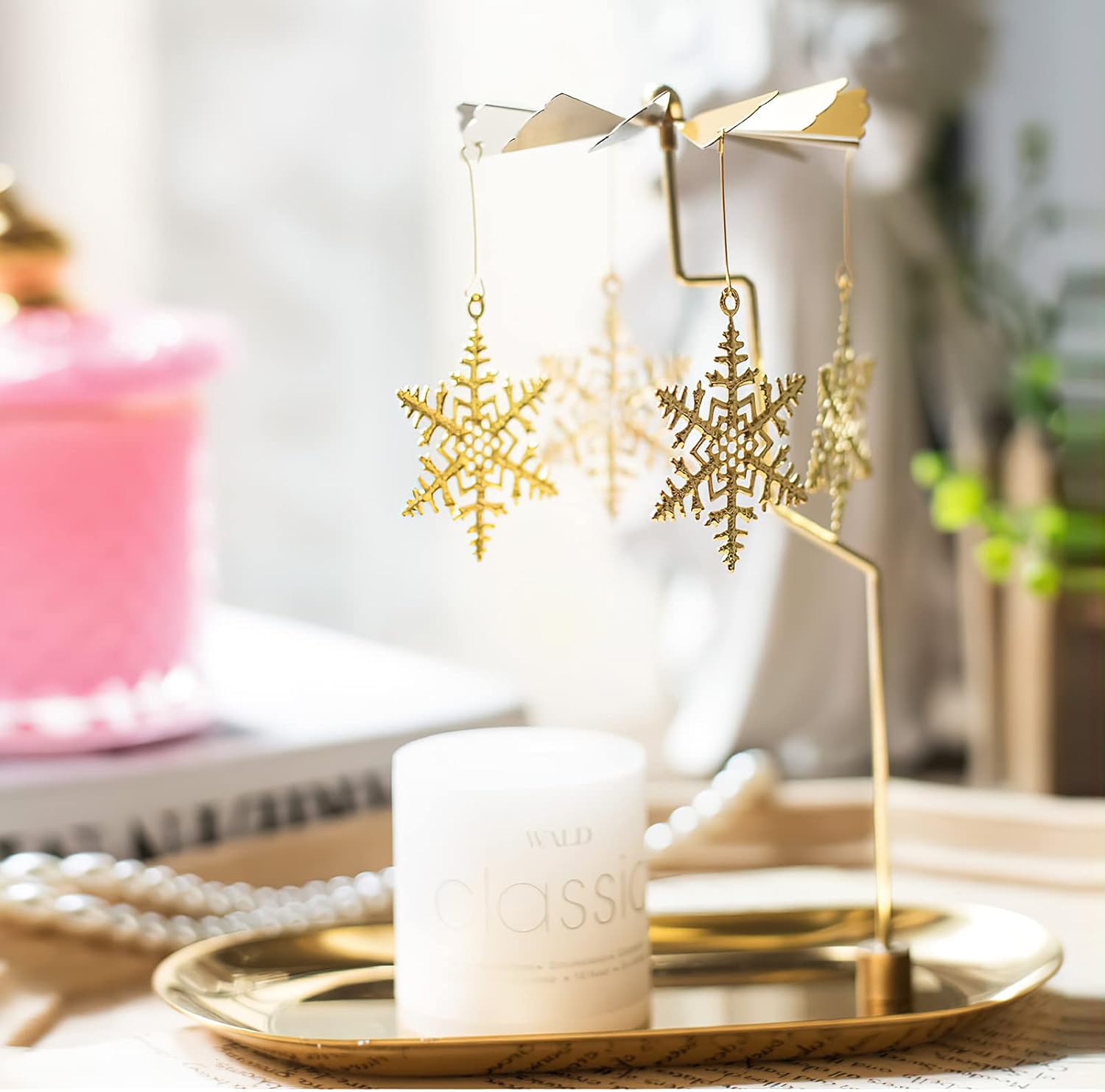Creahaus Gold Snowflake Spinning Candle Holder with Tray