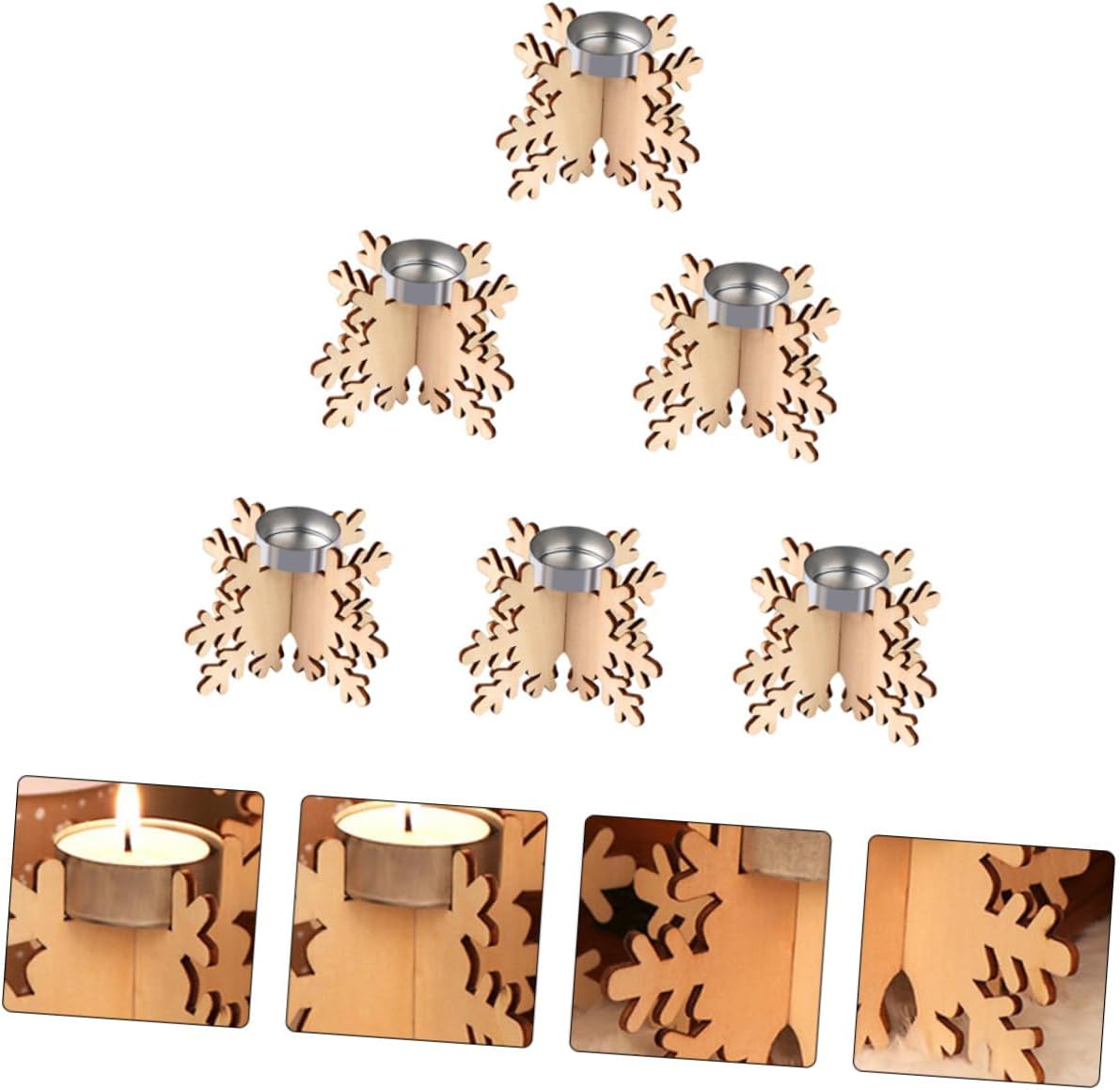 CIMAXIC Christmas Snowflake Candle Holders 6PCS Wooden Tea Light Stands
