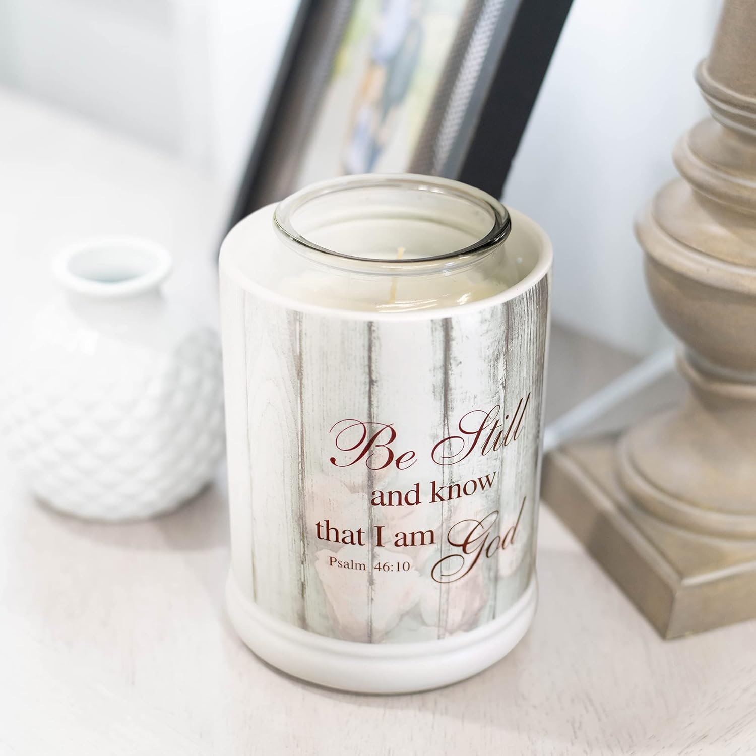 Be Still and Know Distressed Wood Design White Ceramic Jar Warmer