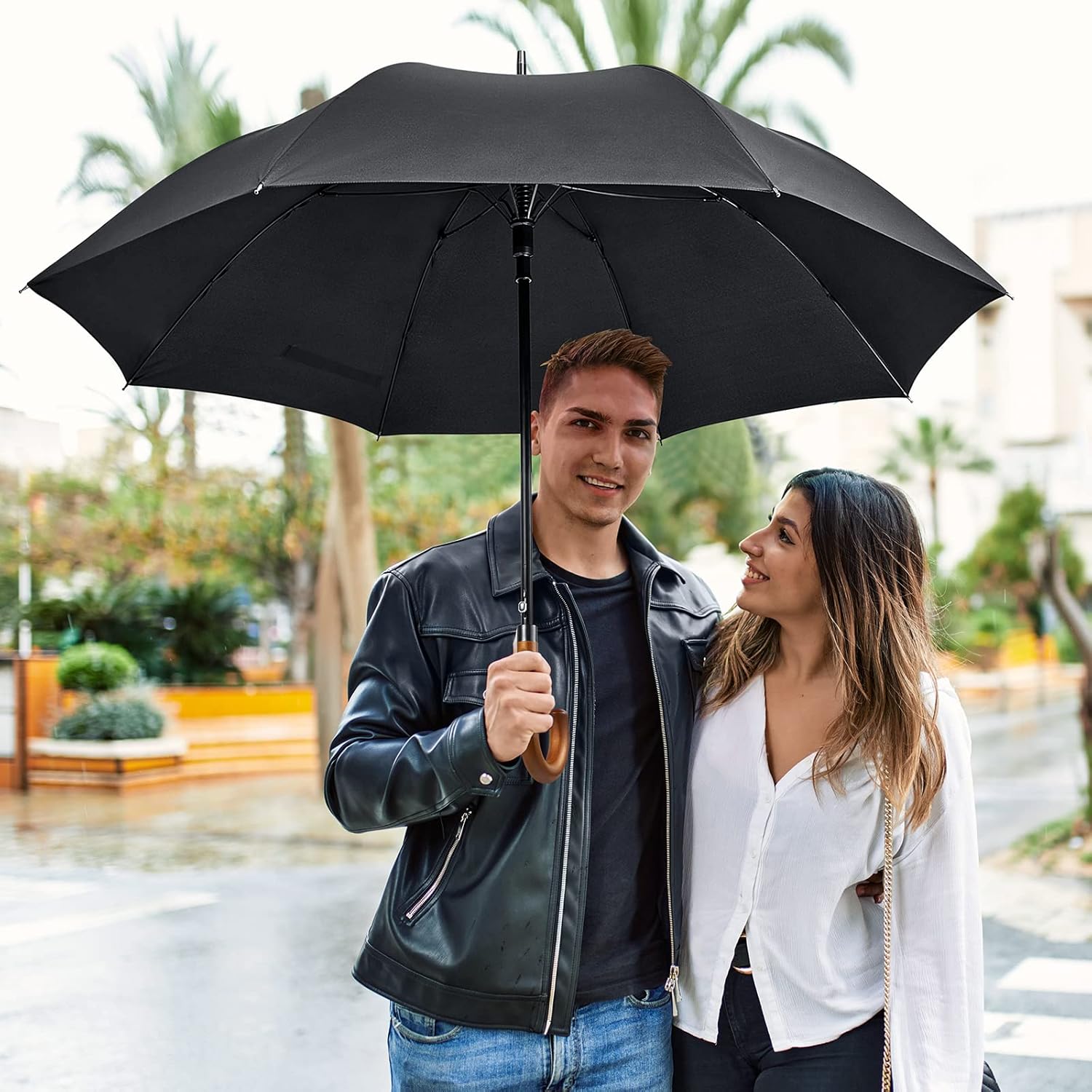 G4Free 54 Inch Windproof Stick Umbrella with Wooden Handle